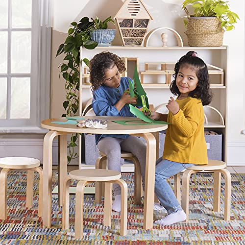 Guidecraft Nordic Table and Chairs Set for Kids: Natural - 4 Stacking Bentwood Stools with Curved Wood Activity Table - Children's Modern Kitchen, Playroom and Classroom Furniture