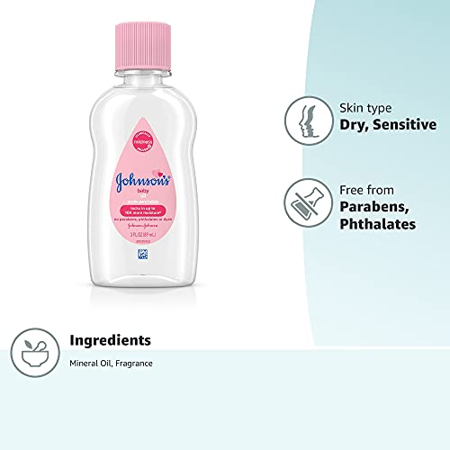 Johnson's Baby Oil, Pure Mineral Oil to Prevent Moisture Loss, Hypoallergenic, Original 3 fl. oz