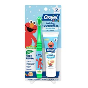 orajel elmo fluoride-free tooth & gum cleanser with toothbrush, combo pack, banana apple flavored non-fluoride, 2 piece set