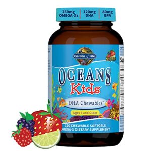 garden of life oceans dha supplement for kids with 250mg of omega 3s, epa, vitamin d3 & a pure cod liver fish oil chewable for brain, heart & immune health - berry lime, sugar free, 30 servings