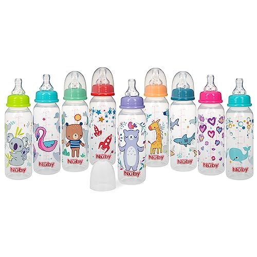 Nuby Printed Non-Drip Bottle, 1 Pack of 1 Bottle, 8 Ounce, Colors May Vary