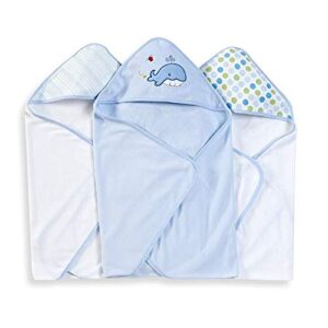 spasilk hooded towel set for newborn boys and girls, soft terry towel set, pack of 3, blue whale