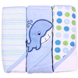 Spasilk Hooded Towel Set for Newborn Boys and Girls, Soft Terry Towel Set, Pack of 3, Blue Whale