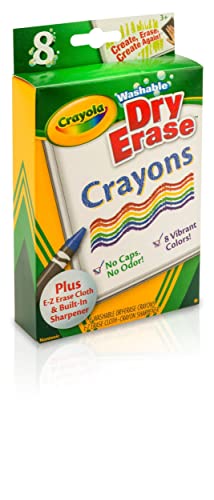 Crayola Washable Dry Erase Crayons (8ct), Includes Eraser Mitt & Sharpener, Classroom Supplies for Teachers