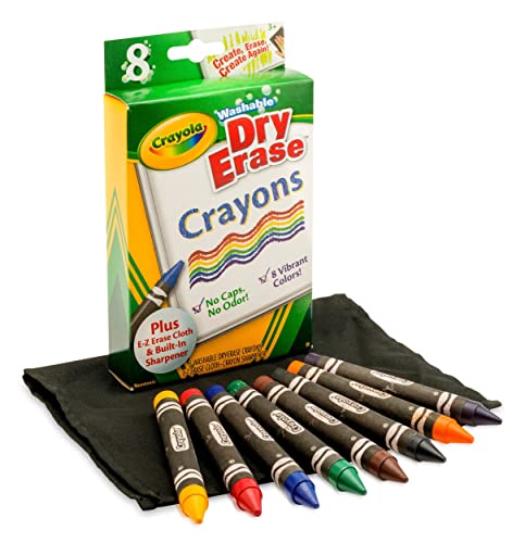 Crayola Washable Dry Erase Crayons (8ct), Includes Eraser Mitt & Sharpener, Classroom Supplies for Teachers