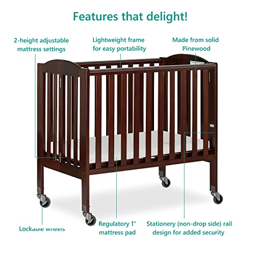 Dream On Me 2 in 1 Portable Folding Stationary Side Crib in Espresso, Greenguard Gold Certified 40x26x38 Inch (Pack of 1)