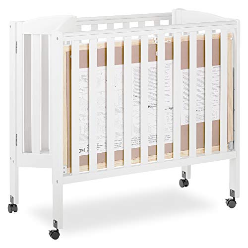 Dream On Me 3 in 1 Portable Folding Stationary Side Crib in White, Greenguard Gold Certified, Safety Wheel with Locking Casters, Convertible, 3 Mattress Heights