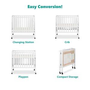 Dream On Me 3 in 1 Portable Folding Stationary Side Crib in White, Greenguard Gold Certified, Safety Wheel with Locking Casters, Convertible, 3 Mattress Heights