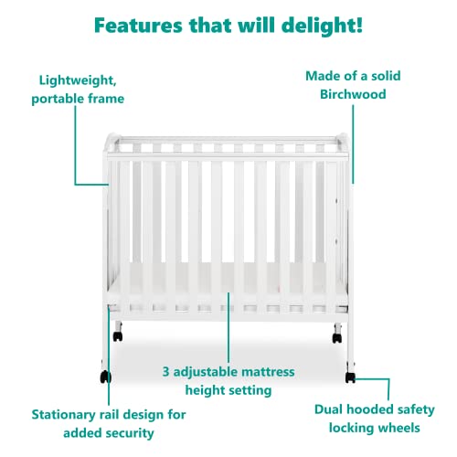 Dream On Me 3 in 1 Portable Folding Stationary Side Crib in White, Greenguard Gold Certified, Safety Wheel with Locking Casters, Convertible, 3 Mattress Heights