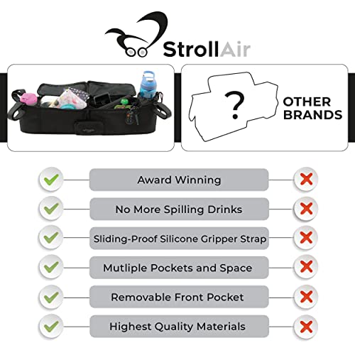 StrollAir - Universal Best Double Parent Stroller Organizer Caddy Insulated Cup Holder Console side-by-side TWIN WAY Mountain Buggy Bumbleride Indie Twin Bob Duallie Baby Jogger City Mini GT – Black