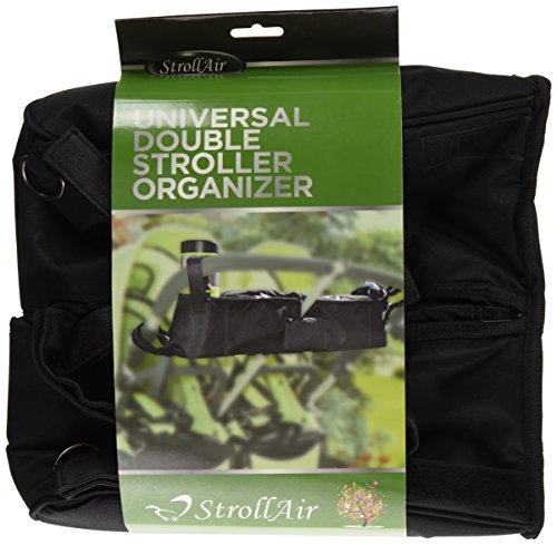 StrollAir - Universal Best Double Parent Stroller Organizer Caddy Insulated Cup Holder Console side-by-side TWIN WAY Mountain Buggy Bumbleride Indie Twin Bob Duallie Baby Jogger City Mini GT – Black