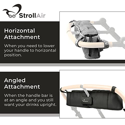 StrollAir - Universal Best Double Parent Stroller Organizer Caddy Insulated Cup Holder Console side-by-side TWIN WAY Mountain Buggy Bumbleride Indie Twin Bob Duallie Baby Jogger City Mini GT – Black