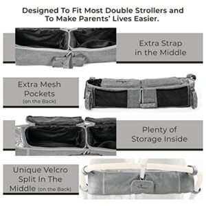 StrollAir - Universal Best Double Parent Stroller Organizer Caddy Insulated Cup Holder Console side-by-side TWIN WAY Mountain Buggy Bumbleride Indie Twin Bob Duallie Baby Jogger City Mini GT – Black