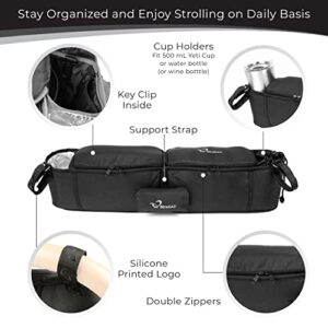 StrollAir - Universal Best Double Parent Stroller Organizer Caddy Insulated Cup Holder Console side-by-side TWIN WAY Mountain Buggy Bumbleride Indie Twin Bob Duallie Baby Jogger City Mini GT – Black