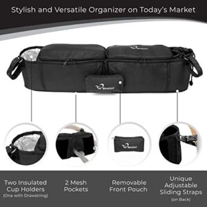 StrollAir - Universal Best Double Parent Stroller Organizer Caddy Insulated Cup Holder Console side-by-side TWIN WAY Mountain Buggy Bumbleride Indie Twin Bob Duallie Baby Jogger City Mini GT – Black