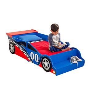 kidkraft wooden racecar toddler bed with built-in bench and bed rails - red and blue, gift for ages 15 mo+