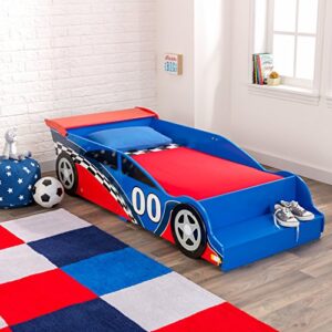 KidKraft Wooden Racecar Toddler Bed with Built-In Bench and Bed Rails - Red and Blue, Gift for Ages 15 mo+