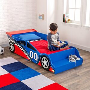 KidKraft Wooden Racecar Toddler Bed with Built-In Bench and Bed Rails - Red and Blue, Gift for Ages 15 mo+