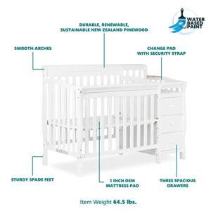 Dream On Me Jayden 4-in-1 Mini Convertible Crib And Changer in White, Greenguard Gold Certified, Non-Toxic Finish, New Zealand Pinewood, 1" Mattress Pad