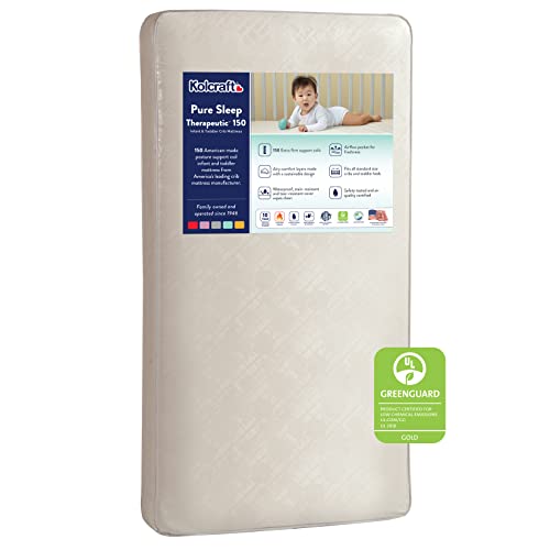 Kolcraft Pure Sleep Therapeutic Waterproof Toddler and Baby Crib Mattress - 150 Heavy Gauge Steel Coils - Made in USA, 52"x28", Extra Firm