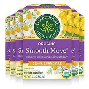 traditional medicinals - organic smooth move senna chamomile tea 16 count (pack of 6) - herbal laxative - gentle overnight relief of occasional constipation - caffeine free - 96 tea bags total