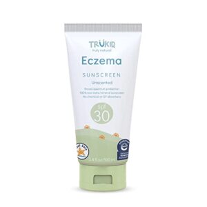trukid eczema spf 30+ sunscreen - uva/uvb protection for sensitive and irritated skin, unscented, nea-approved for eczema, reef safe, planet-friendly, non-nano, 3.4 oz