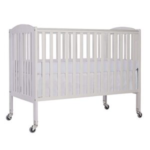 dream on me folding full size convenience crib in white, two adjustable mattress height positions, comes with heavy duty locking wheels, flat folding crib