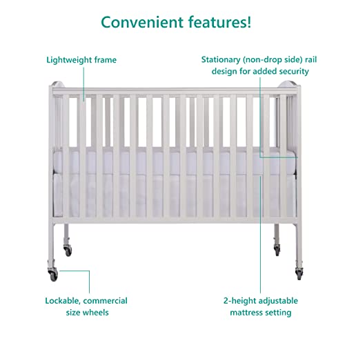 Dream On Me Folding Full Size Convenience Crib In White, Two Adjustable Mattress Height Positions, Comes With Heavy Duty Locking Wheels, Flat Folding Crib