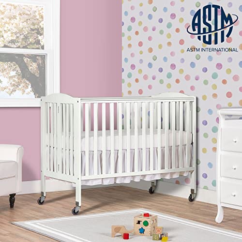 Dream On Me Folding Full Size Convenience Crib In White, Two Adjustable Mattress Height Positions, Comes With Heavy Duty Locking Wheels, Flat Folding Crib