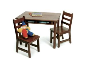 lipper international child's rectangular table with shelves and 2 chairs, walnut finish
