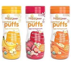 Happy Baby Organic Puffs 2.1 Oz Mixed 3 Pack (1 Strawberry, 1 Bananna, 1 Sweet Potato)