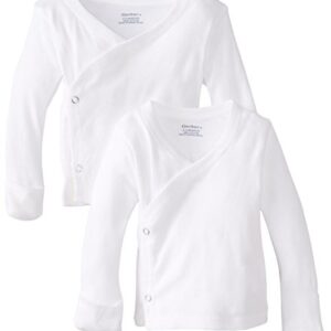 Gerber Baby 2-Pack Long-Sleeve Side-Snap Mitten-Cuff Shirt, White, 0-3 Months