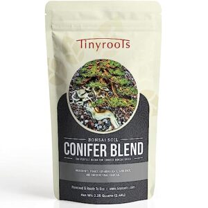 tinyroots conifer bonsai soil blend – 2.25 quarts - formulated and pre-mixed for junipers, japanese black pines, white pines, cedar, cypress and all other conifers