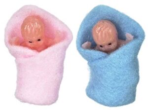 small miniature baby twins swaddled in soft fleece blankets for dollhouses and miniature displays