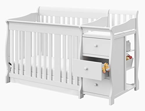 Storkcraft Portofino 5-in-1 Convertible Crib and Changer (White) – Changing Table Combo with Drawer, Converts to Toddler Bed, Daybed Full-Size Storage Drawer