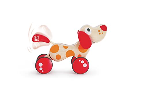 Walk-A-Long Puppy Wooden Pull Toy by Hape | Award Winning Push Pull Toy Puppy For Toddlers Can Sit, Stand and Roll. Rubber Rimmed Wheels for Easy Push and Pull Action, Red , Red/Orange