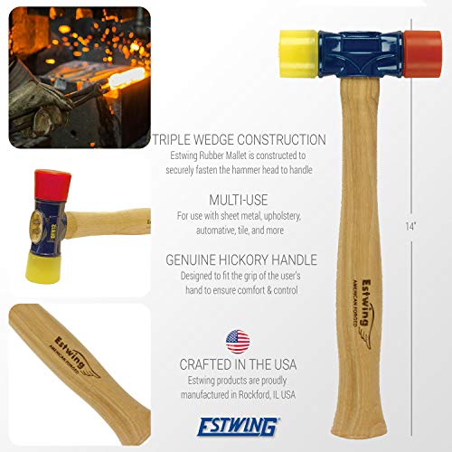 Estwing - DFH-12 Rubber Mallet - 12 oz Double-Face Hammer with Soft/Hard Tips & Hickory Wood Handle - DFH12,Black Red & Yellow