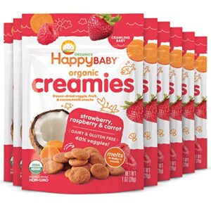 happy creamies family baby organic creamies freeze-dried veggie & fruit snacks with coconut milk strawberry raspberry & carrot, 1 ounce (pack of 8)