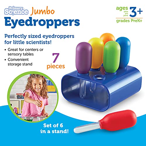 Learning Resources Jumbo Colorful Eyedroppers - Set of 6 with Stand, Ages 3+, Science Class Tools, Preschool Science, Sensory Accessories,Droppers for Kids,Back to School Supplies,Teacher Supplies