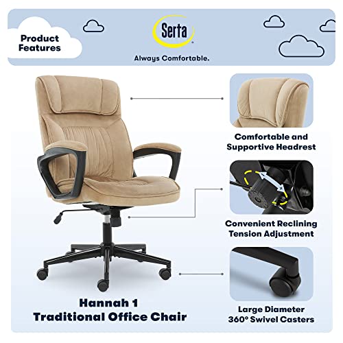 Serta Hannah Executive Microfiber Office Chair with Headrest Pillow, Adjustable Ergonomic with Lumbar Support, Soft Fabric, Plush Beige