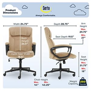 Serta Hannah Executive Microfiber Office Chair with Headrest Pillow, Adjustable Ergonomic with Lumbar Support, Soft Fabric, Plush Beige