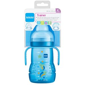 MAM Plastic Trainer Cup (1 Count), Trainer Drinking Cup with Extra-Soft Spout, Spill-Free Nipple, and Non-Slip Handles, for Boys 4+ Months, Eight Ounces, Designs May Vary