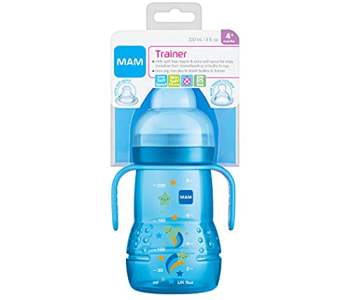 MAM Plastic Trainer Cup (1 Count), Trainer Drinking Cup with Extra-Soft Spout, Spill-Free Nipple, and Non-Slip Handles, for Boys 4+ Months, Eight Ounces, Designs May Vary