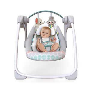 bright starts portable automatic 6-speed baby swing with adaptable speed, taggies, music, removable -toy bar, 0-9 months 6-20 lbs (whimsical wild)