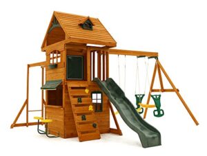 kidkraft ridgeview deluxe clubhouse wooden swing set / playset with café table and stools, monkey bars, swing and rock wall, gift for ages 3-10