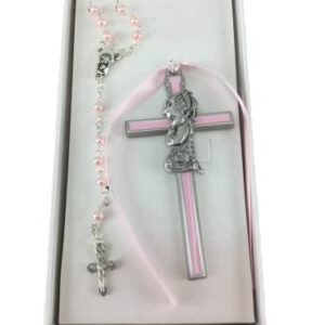 Girl Crib Cross and Rosary set Cross is 3 1/2 inches great baptism christening gift keepsake gift