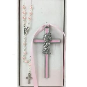 Girl Crib Cross and Rosary set Cross is 3 1/2 inches great baptism christening gift keepsake gift