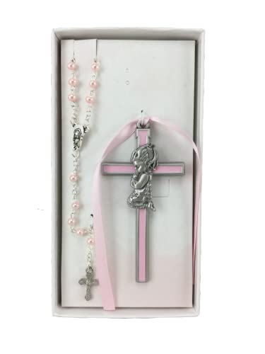 Girl Crib Cross and Rosary set Cross is 3 1/2 inches great baptism christening gift keepsake gift