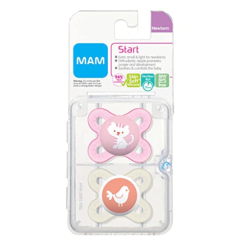 MAM Original Start Newborn Baby Pacifier, Best Pacifier for Breastfed Babies, Sterilizer Case, Girl , 0-3 Months 2 Count (Pack of 1)