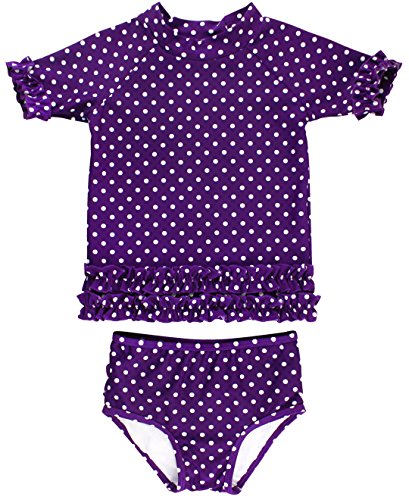 RuffleButts® Girls Rash Guard 2-Piece Swimsuit Set - Purple Polka Dot Bikini with UPF 50+ Sun Protection - 4T